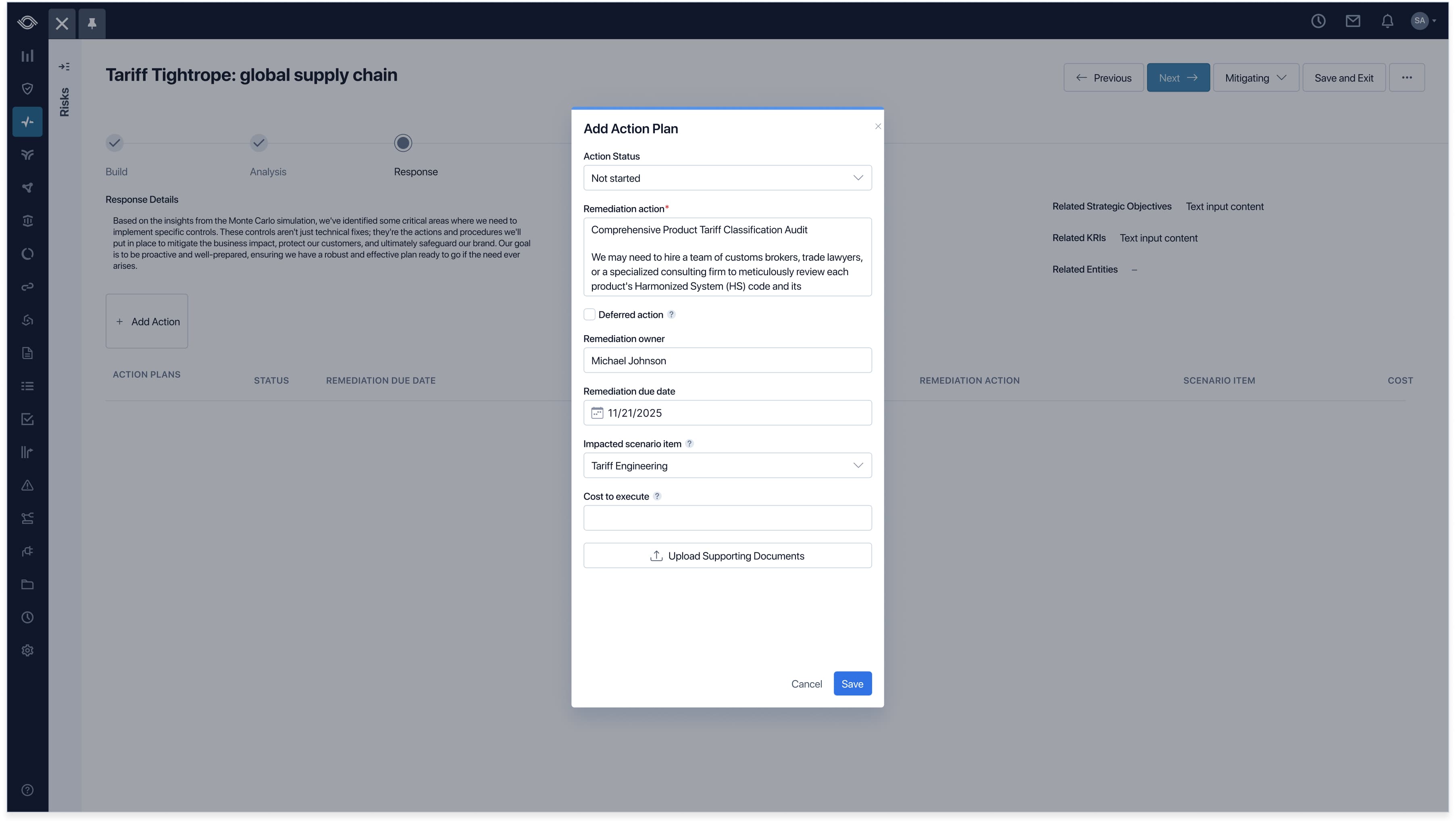 The Add Action Plan modal in V1 Response, with fields for action status, remediation action, deferred action, remediation owner, due date, impacted scenario item, cost to execute, and supporting document upload