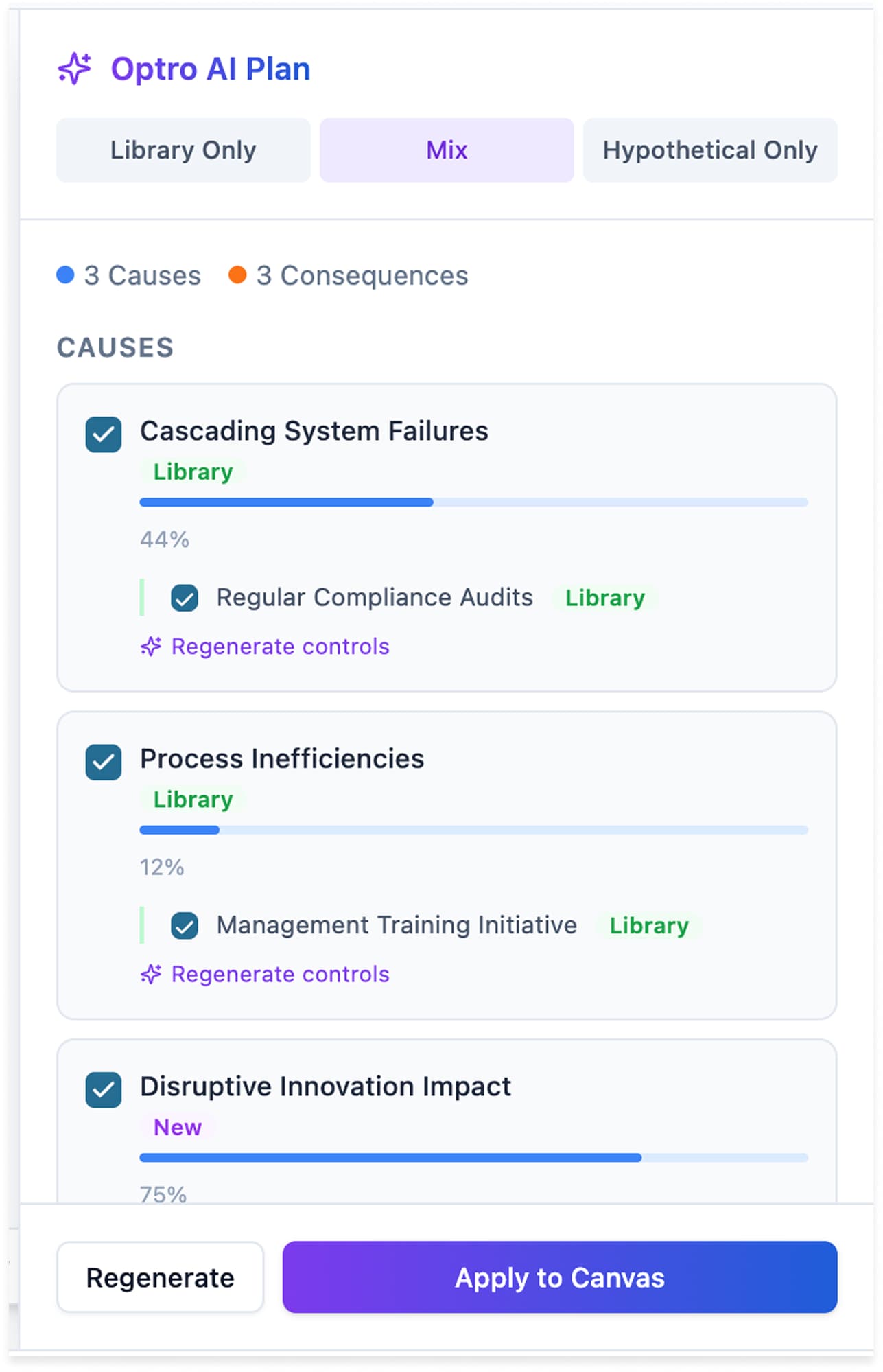 Plan Mode generation: the Optro AI Plan modal with Library / Mix / Hypothetical tabs, listing AI-suggested causes the Risk Manager can accept or regenerate