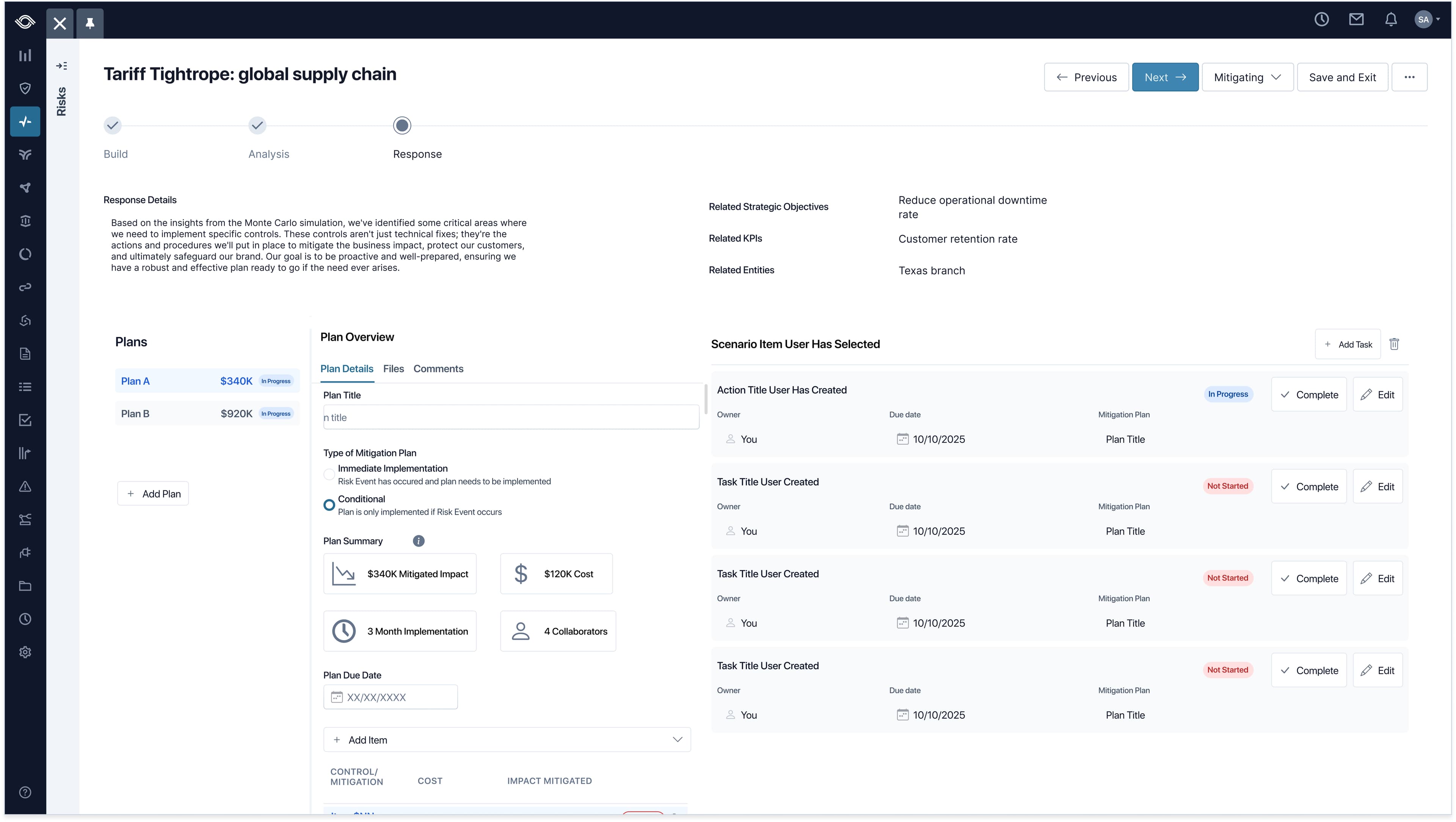 The V2 Plan workspace, with a list of plans (Plan A, Plan B) on the left, plan overview details in the middle (plan title, mitigation type, summary with mitigated impact, cost, implementation timeline, and collaborators), and scenario item tasks on the right with status, due date, and mitigation plan columns
