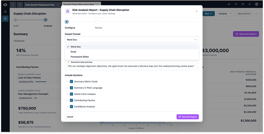 The Reporting Configure step: picking output format (Word Doc, Email, or PowerPoint Slides), seeing the executive tone preview, and choosing which sections to include (Summary Metric Cards, Summary in Plain Language, Monte Carlo Analysis, Contributing Factors, Confidence Analysis)
