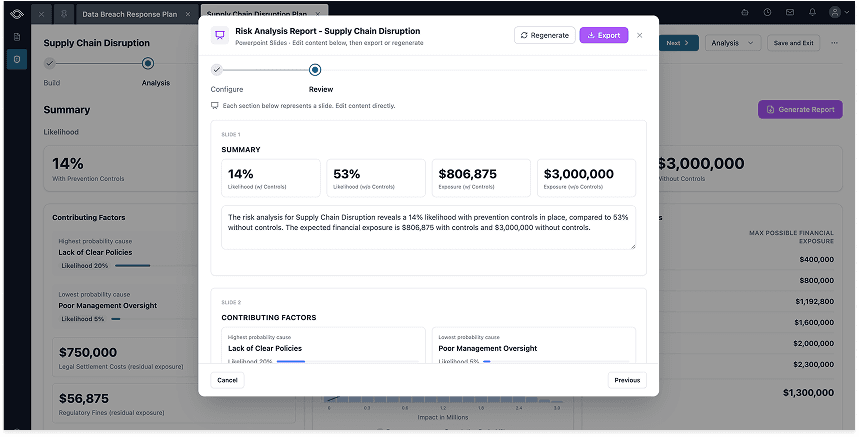 The Reporting Review step: generated PowerPoint slides showing Summary metrics, contributing factors, and editable text directly inside the modal before export