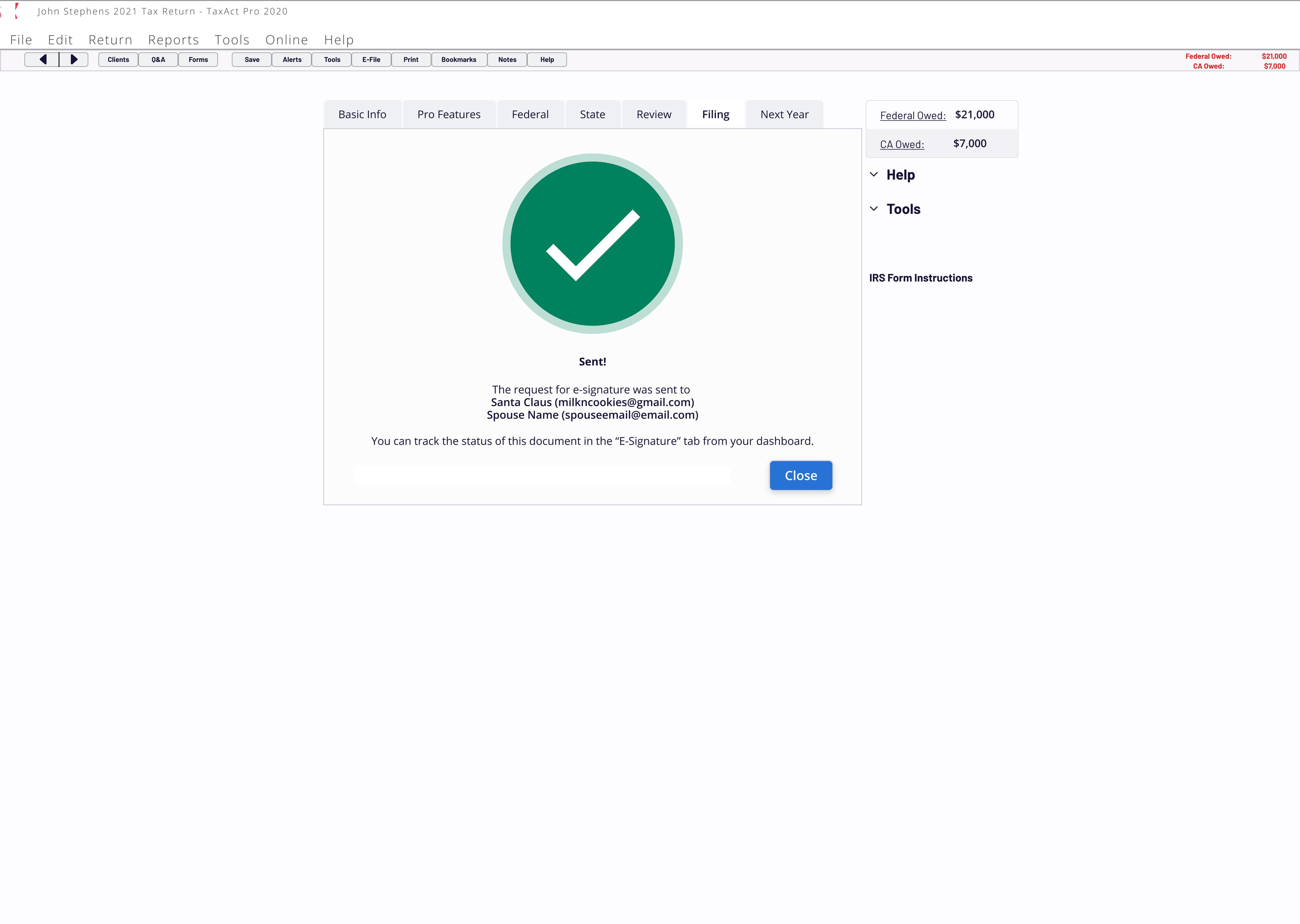 The Sent confirmation screen showing a green checkmark and the recipients the e-signature request was sent to