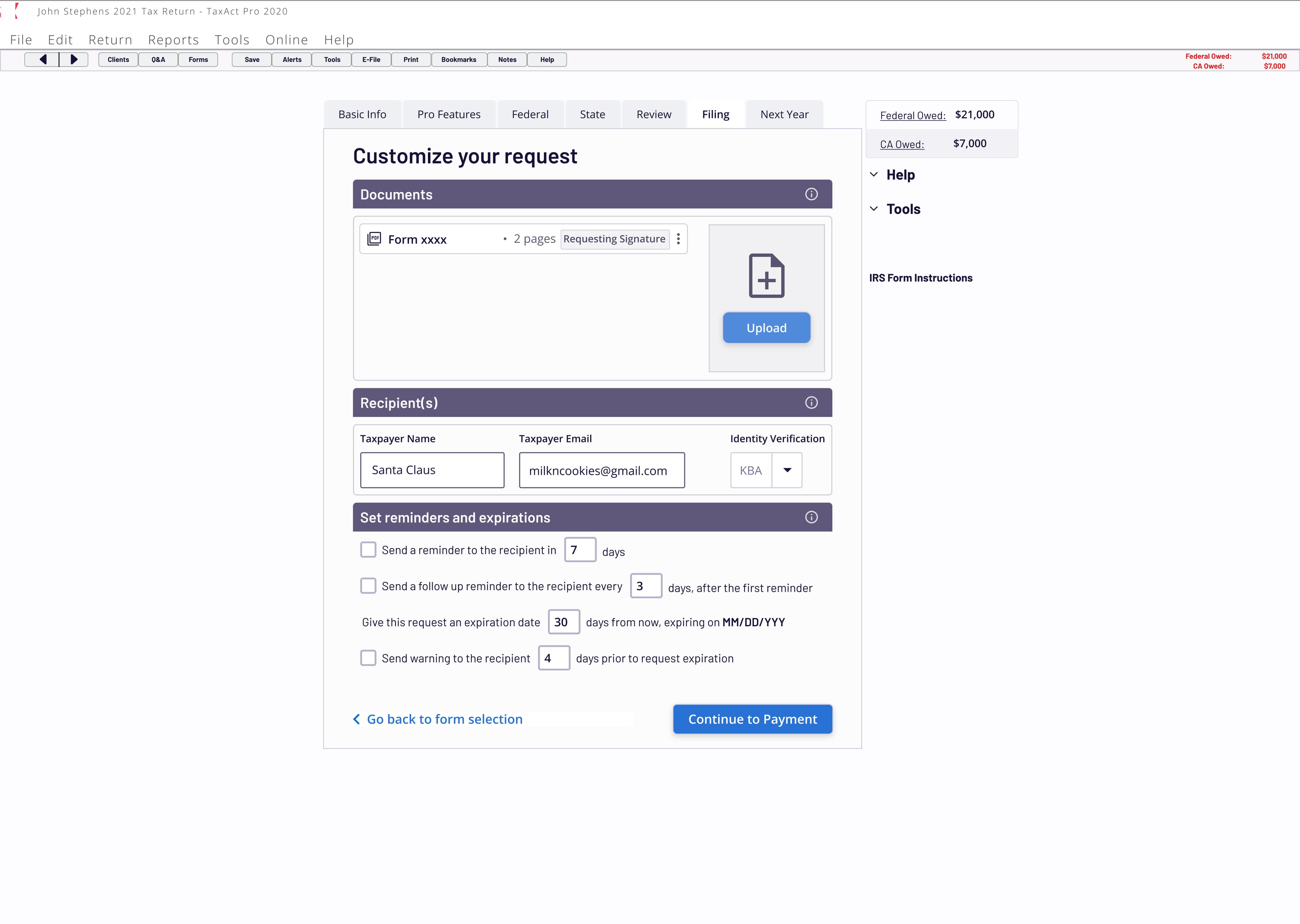 The Customize your request screen in TaxAct Pro showing document selection, recipient information with KBA identity verification, and reminder and expiration settings