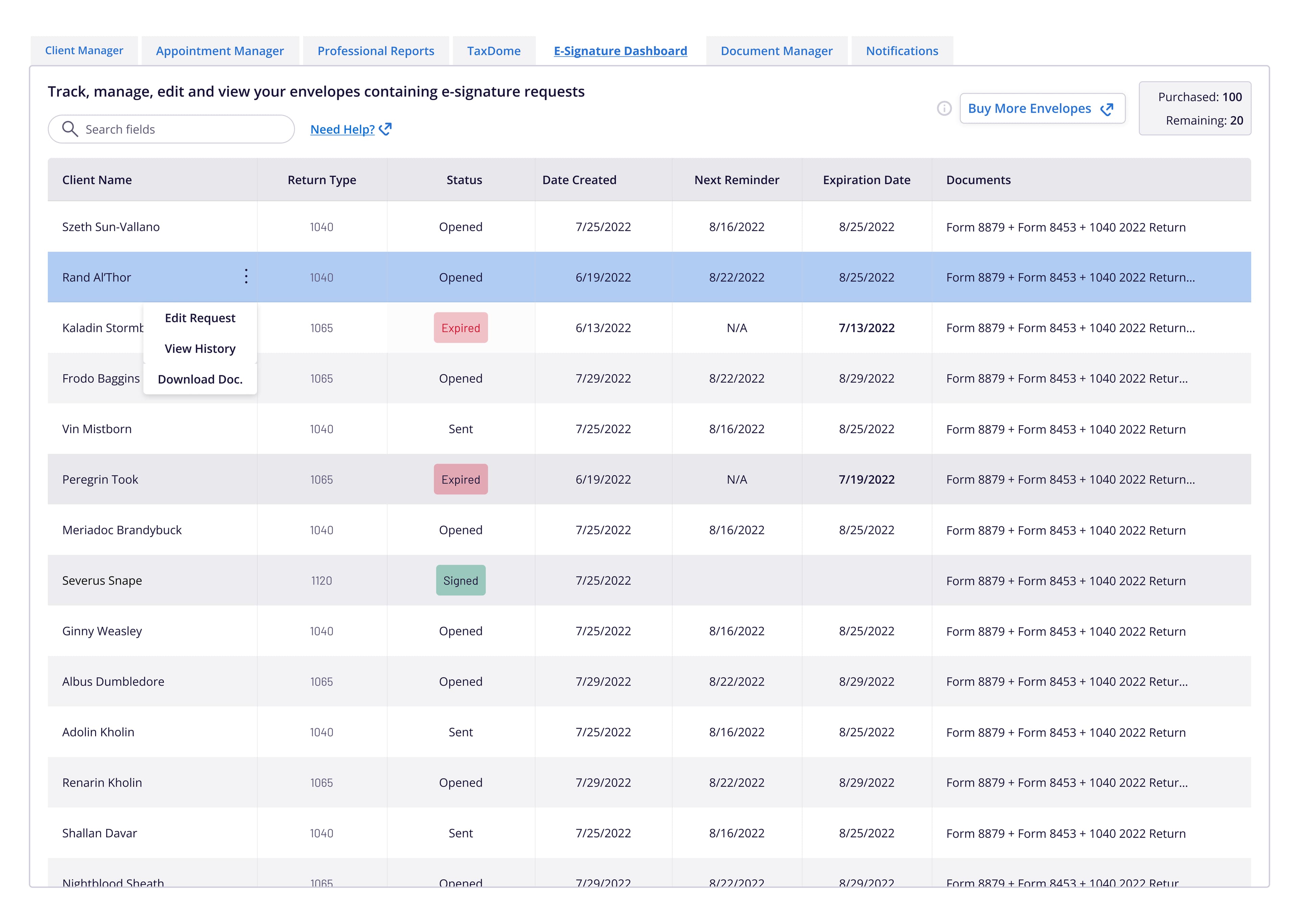 The E-Signature Dashboard showing a table of client envelopes with statuses, dates, reminders, and document details