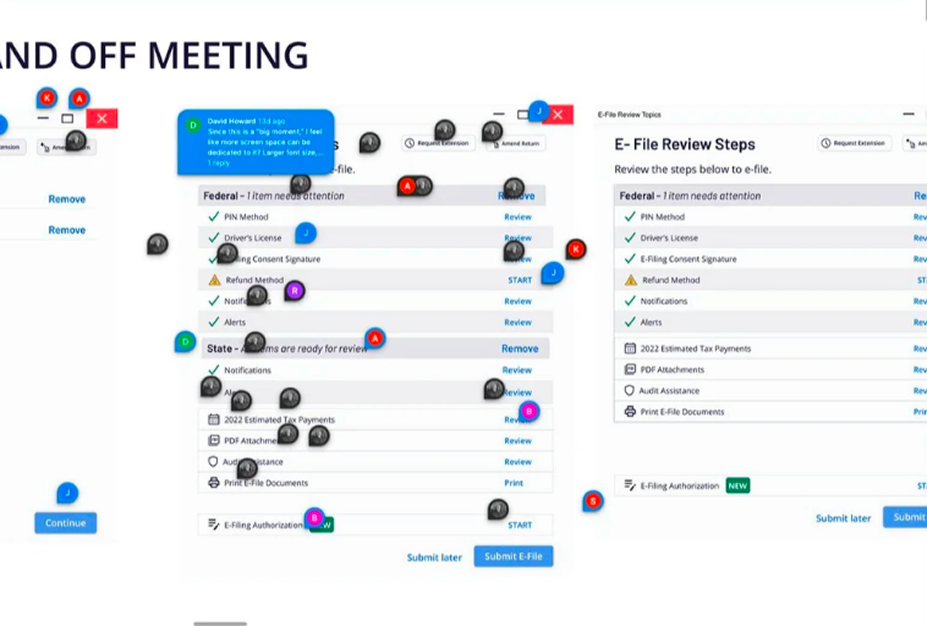 A Figma file showing the E-File Review Steps screen with multiple team member avatars and comment threads from the Design Hand Off meeting, alongside the final clean version of the same screen