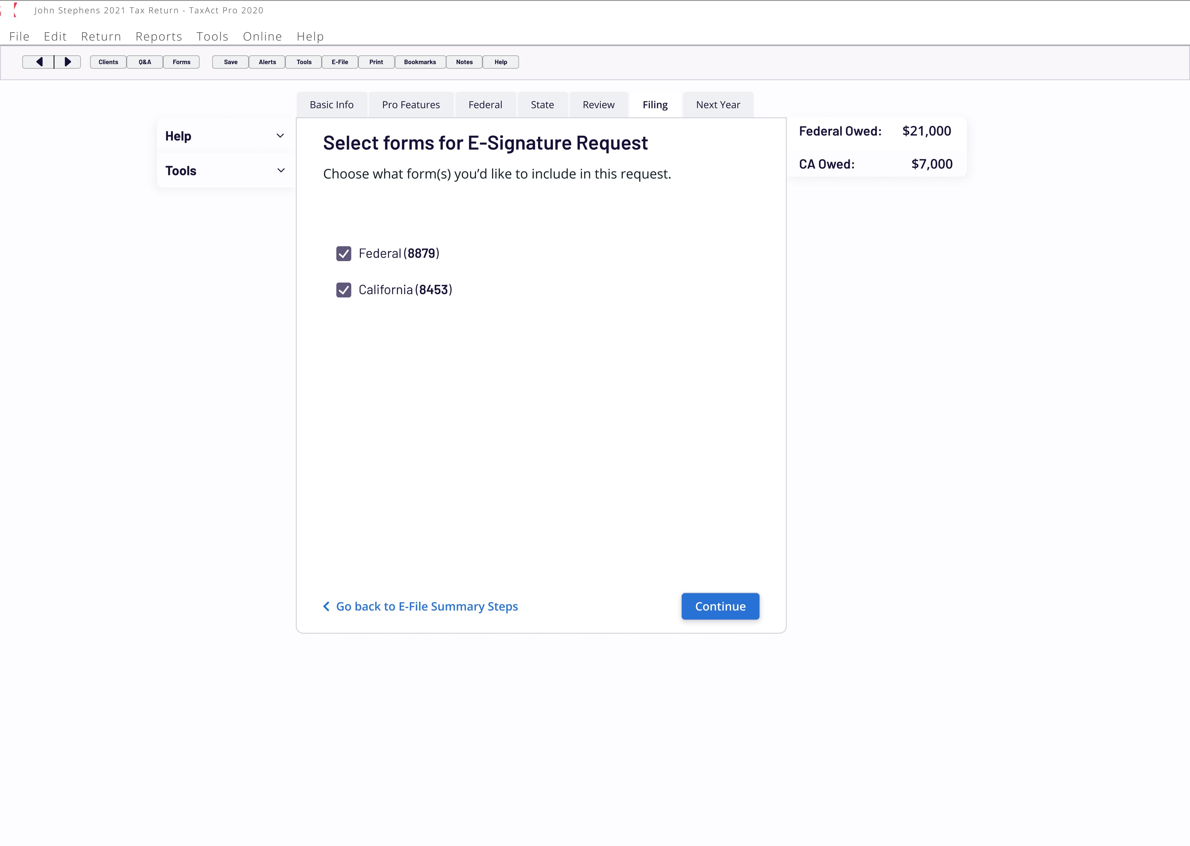 The Select forms for E-Signature Request screen showing Federal and California form checkboxes within the Filing tab of TaxAct Pro