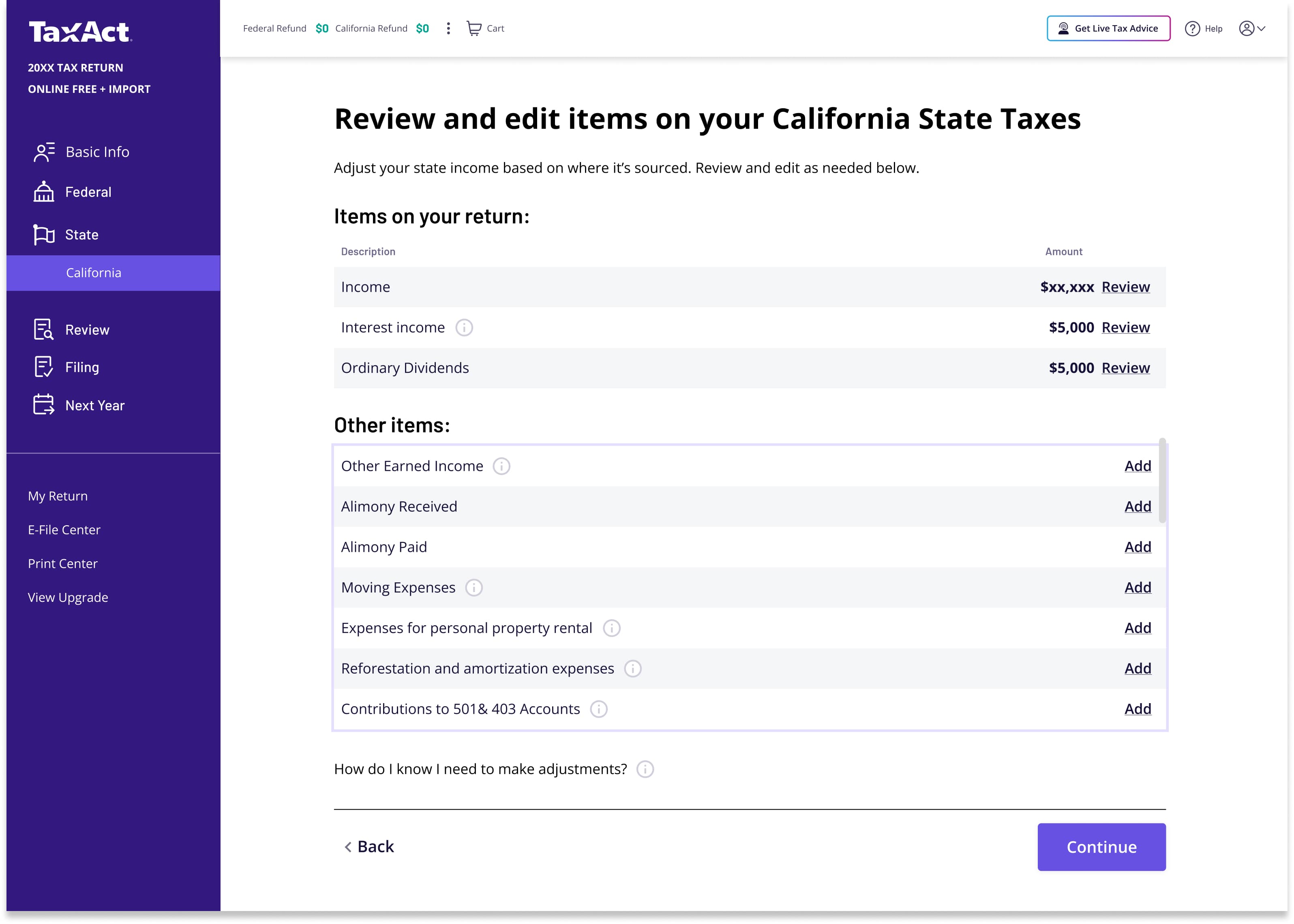 The Review and edit items screen for California State Taxes, showing items on your return with Review actions and other items with Add actions, reusing the familiar table pattern