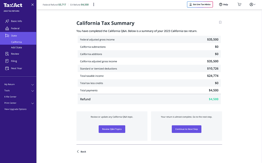The existing California Tax Summary screen showing a clean table of income, subtractions, additions, deductions, and refund totals