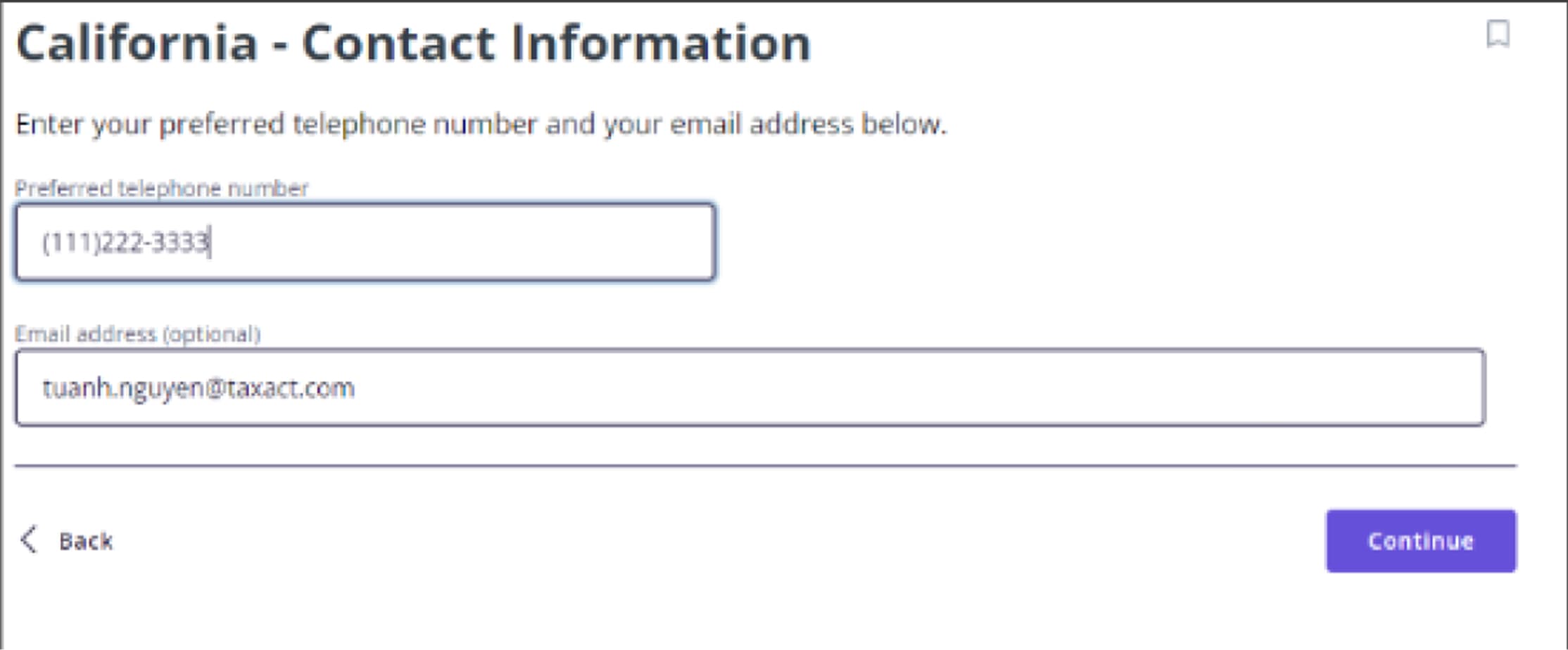The old California Contact Information screen asking users to re-enter their phone number and email address