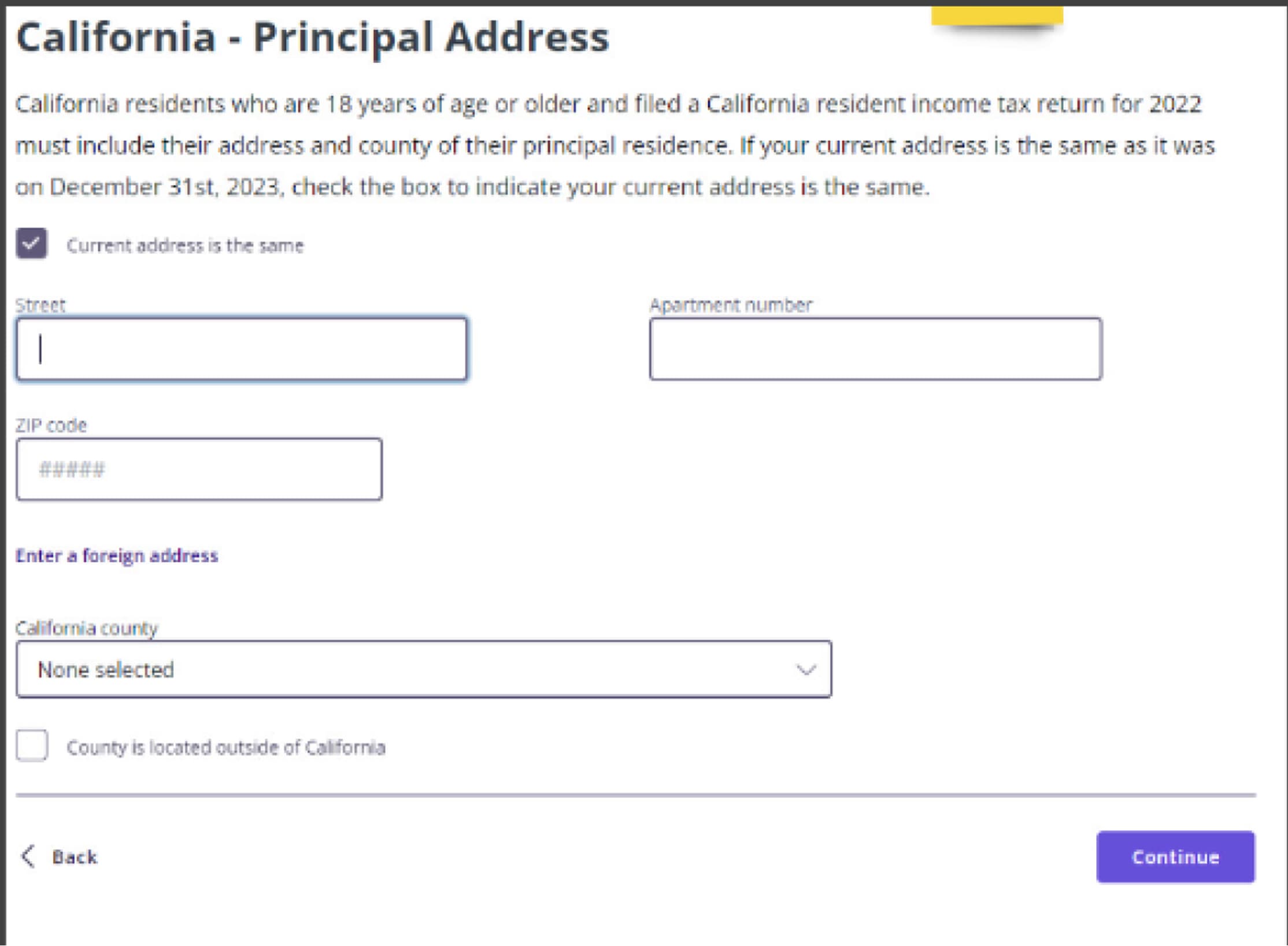 The old California Principal Address screen with empty form fields for street, apartment, ZIP code, county, and a wall of legal text about residency requirements
