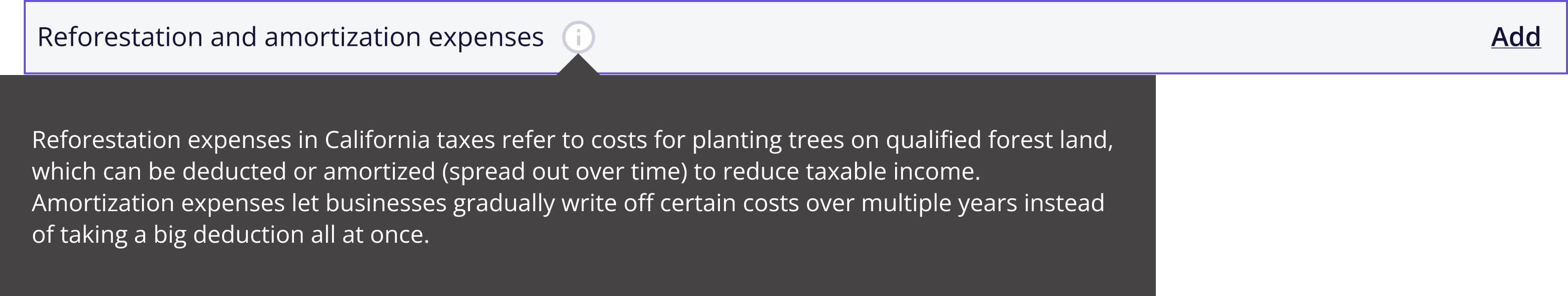 Tooltip expanded on the Reforestation and amortization expenses line item, explaining what the deduction means in plain language