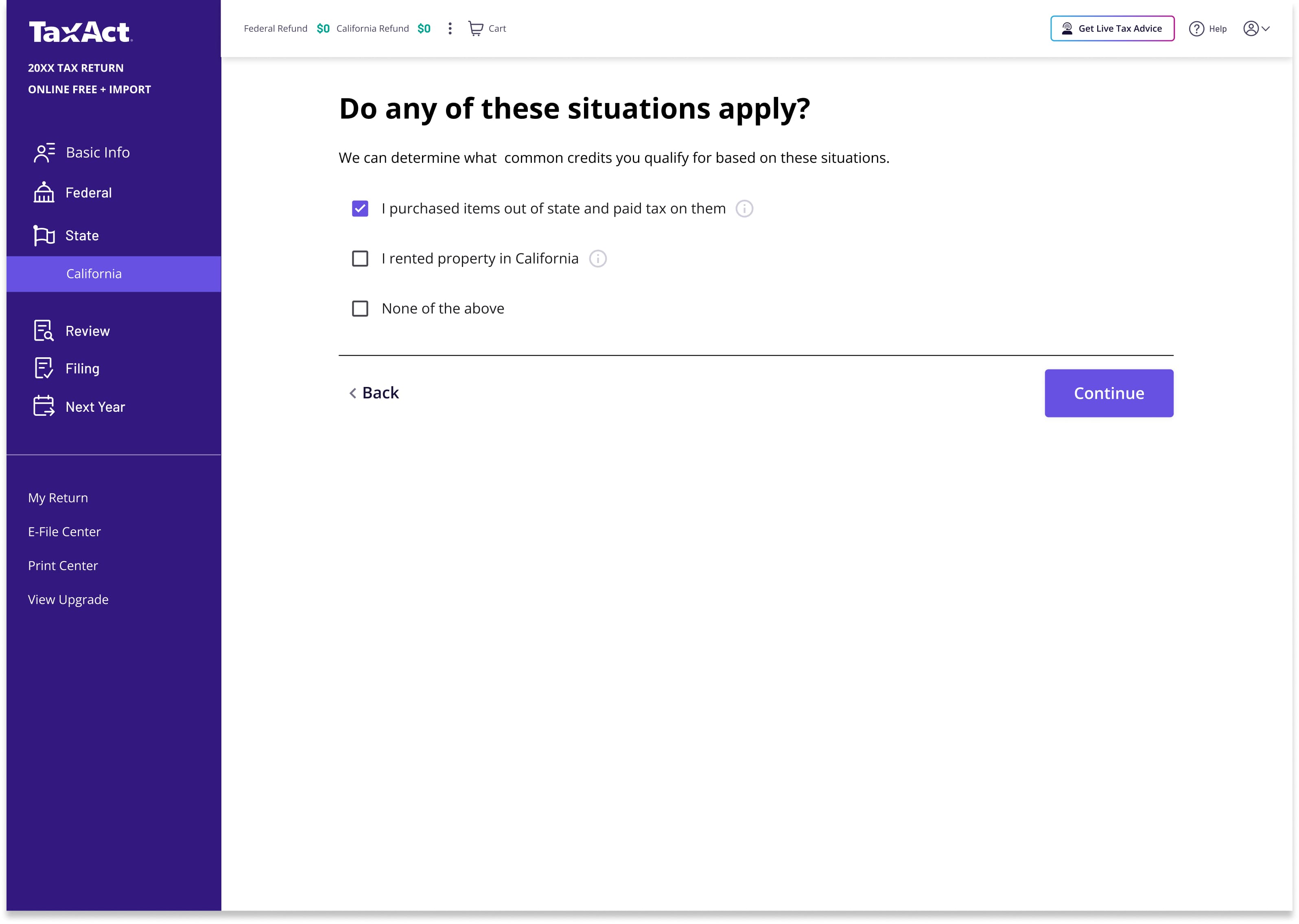 A screen asking 'Do any of these situations apply?' with checkboxes for common California credits, a None of the above option, and plain-language descriptions