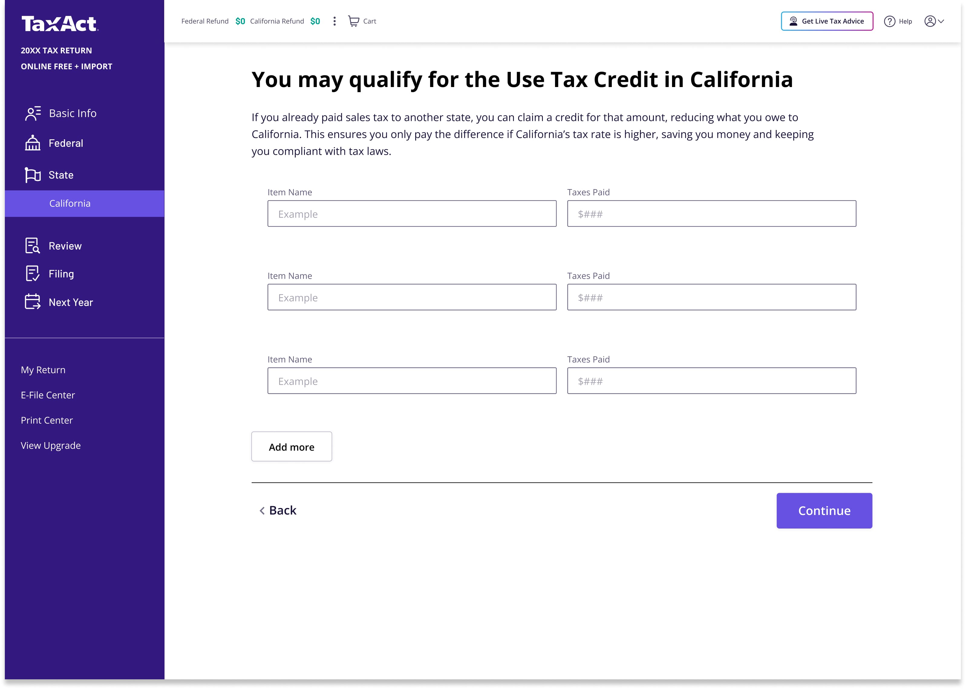 The Use Tax Credit screen in California showing a plain-language explanation of the credit and fields for item name and taxes paid