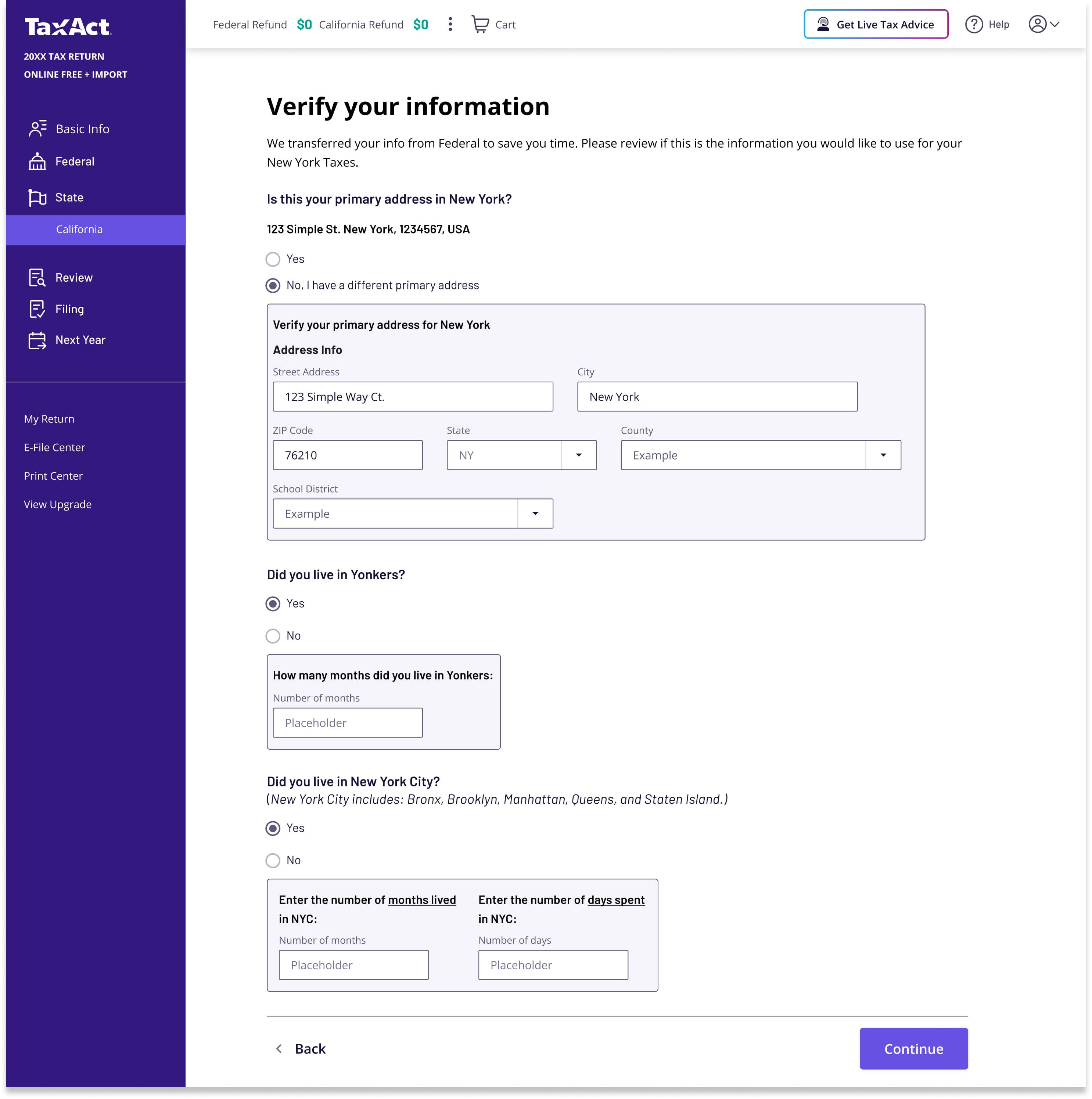 The Verify your information screen for New York state, showing address, Yonkers residency, and New York City residency fields pre-filled from Federal data with options to confirm or edit